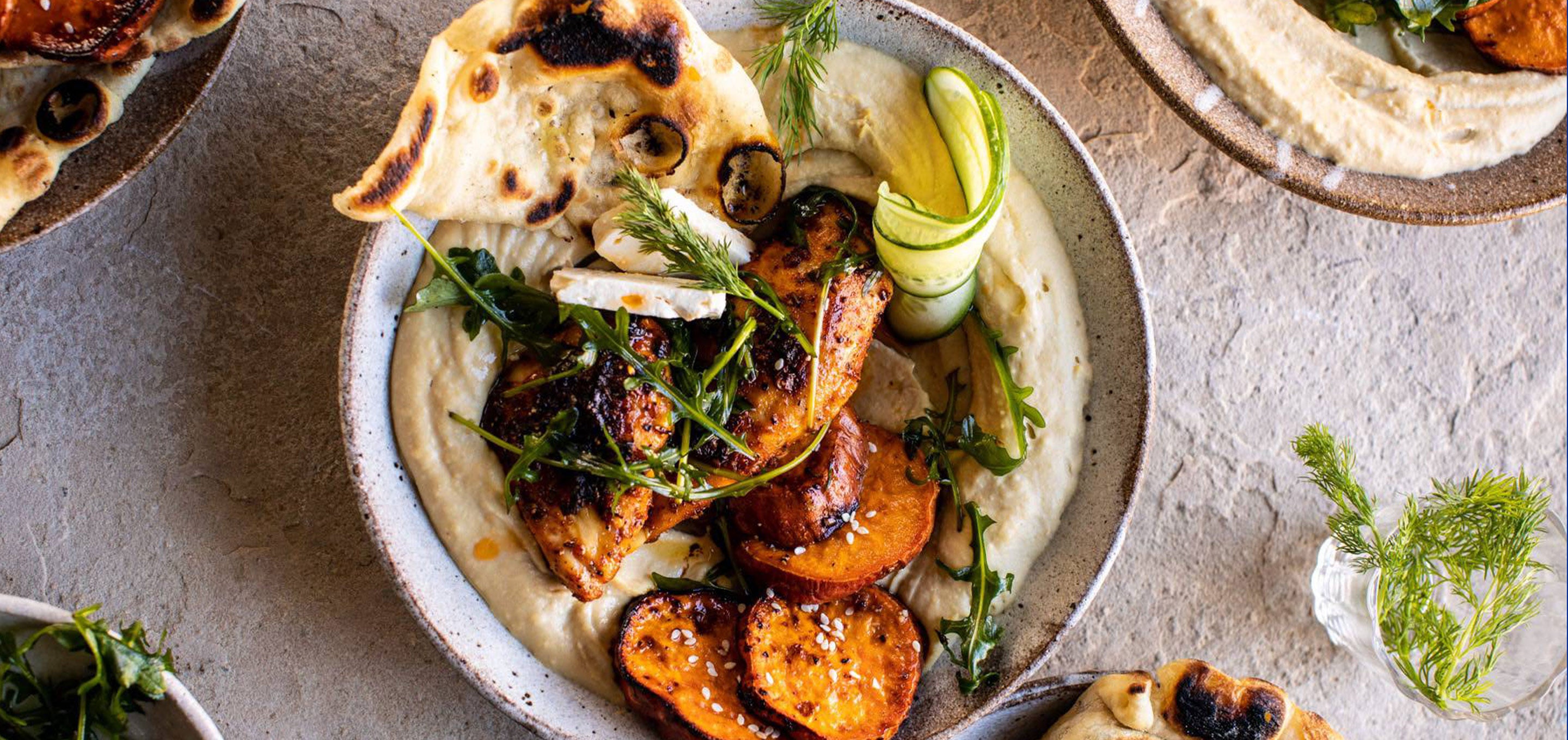 Sheet Pan Chicken Shawarma with Sesame Sweet Potatoes and Hummus