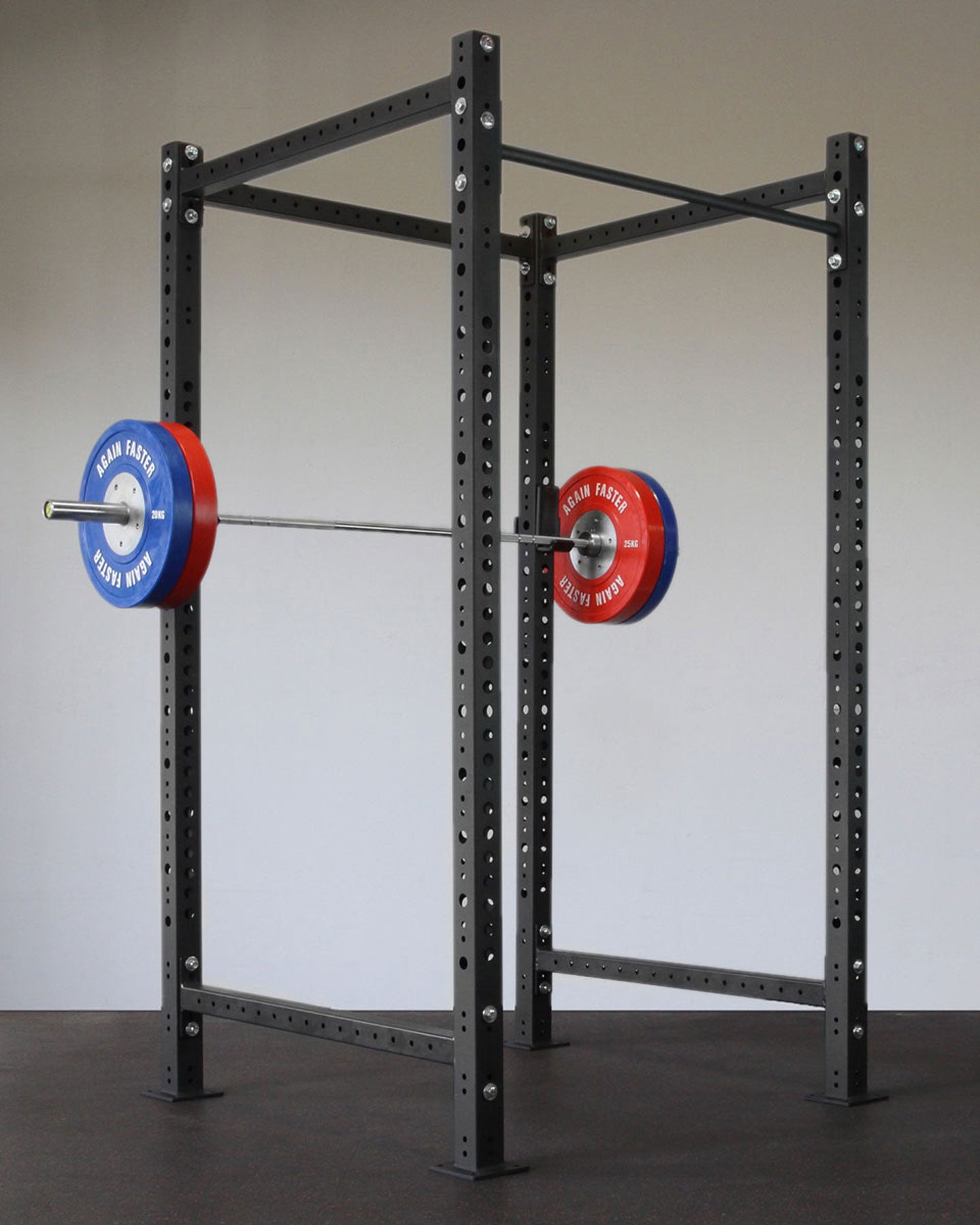 4x4 power rack with olympic barbell and color bumper plates