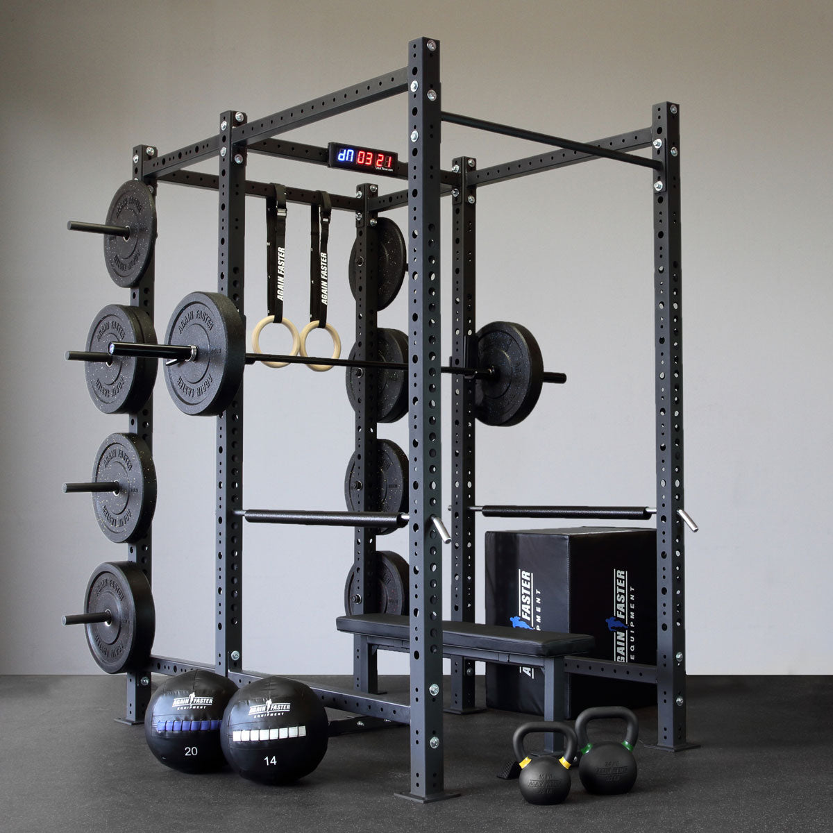 home gym weight package with power rack olympic barbell bumper plates kettlebell plyo box flat bench