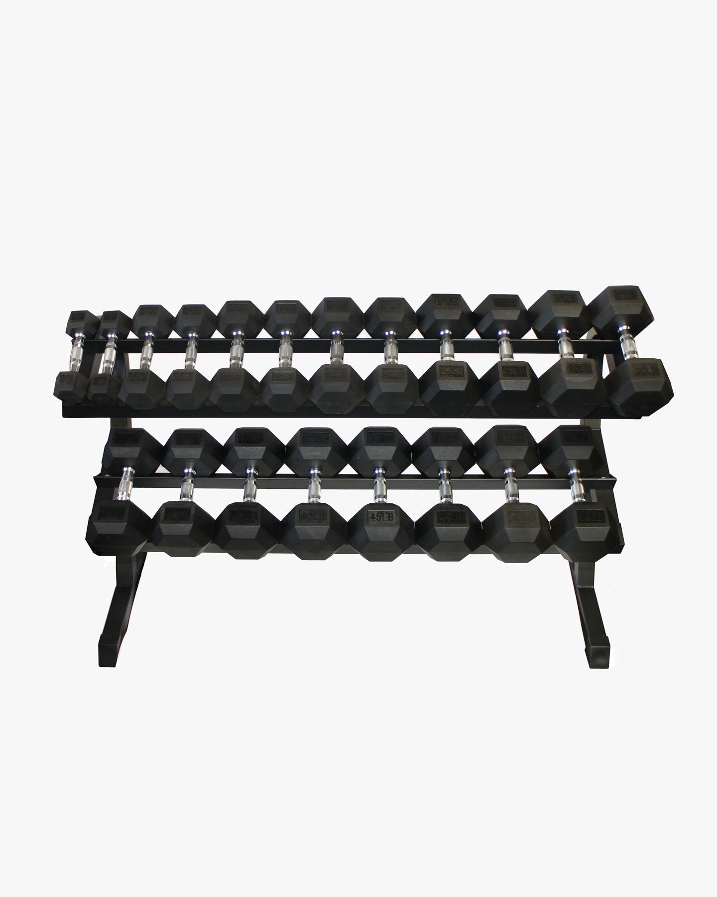 steel dumbbell rack two tier 2-tier with rubber hex dumbbell set